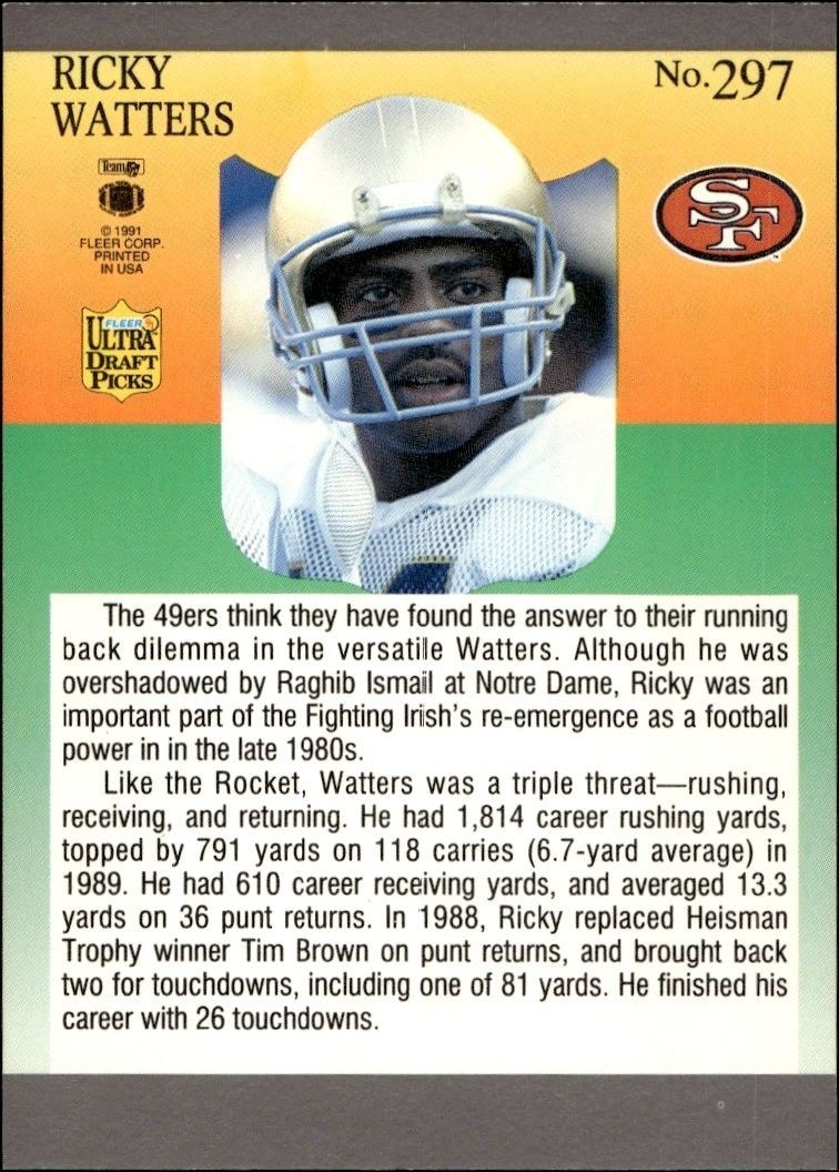 1991 Fleer Ultra Ricky Watters #297 football trading card back