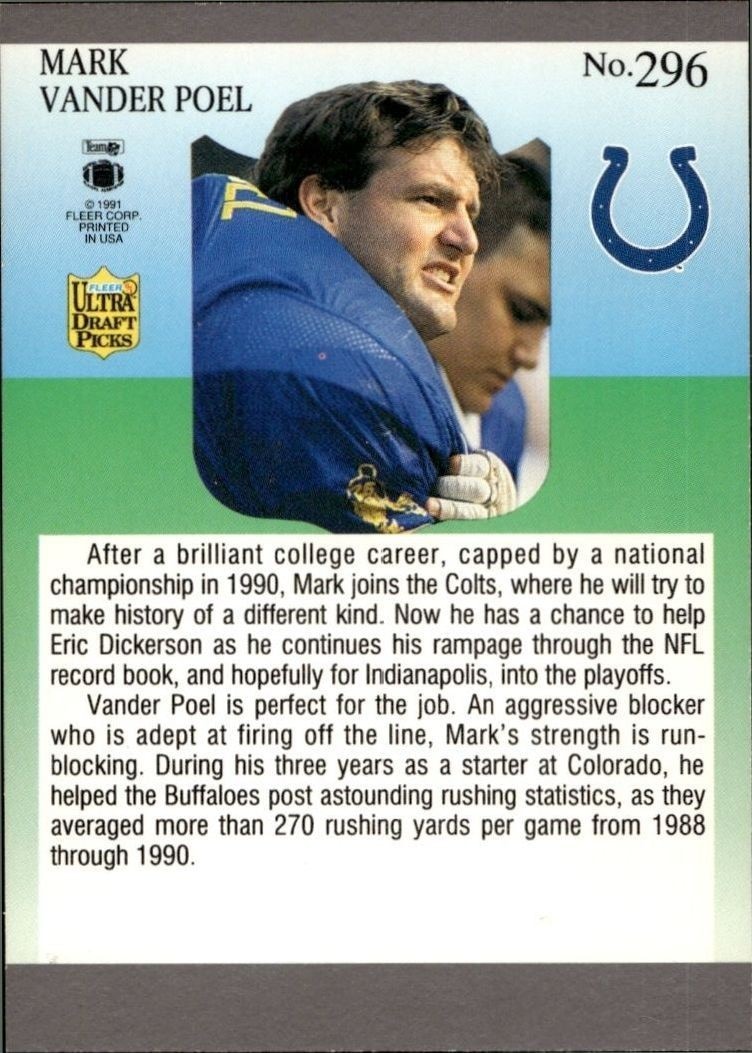 1991 Fleer Ultra Mark Vander Poel #296 football trading card back