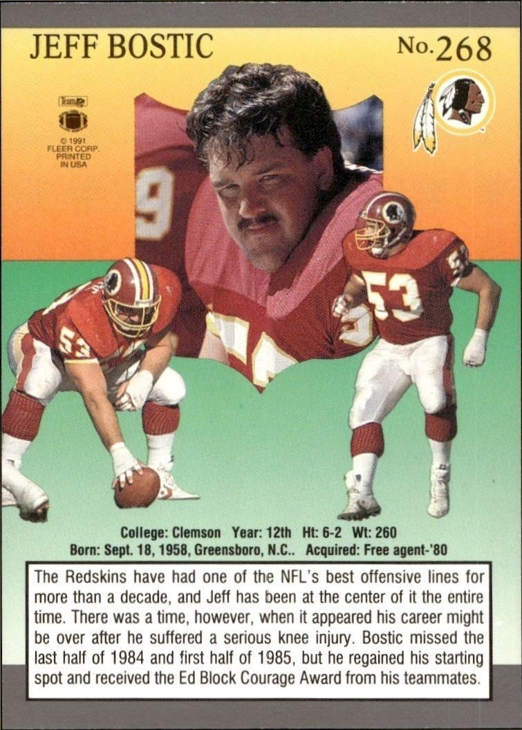 1991 Fleer Ultra Jeff Bostic #268 football trading card back