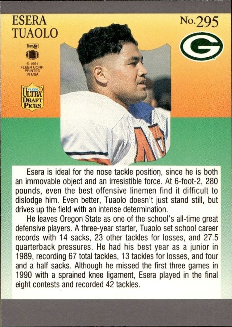 1991 Fleer Ultra Esera Tuaolo #295 football trading card back