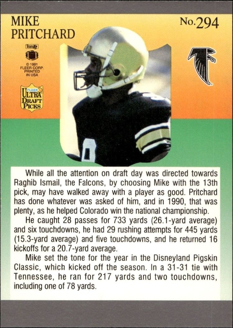 1991 Fleer Ultra Mike Pritchard #294 football trading card back