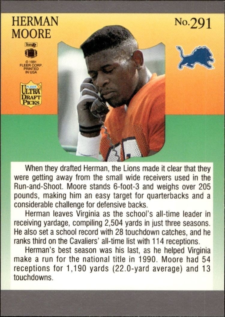 1991 Fleer Ultra Herman Moore #291 football trading card back