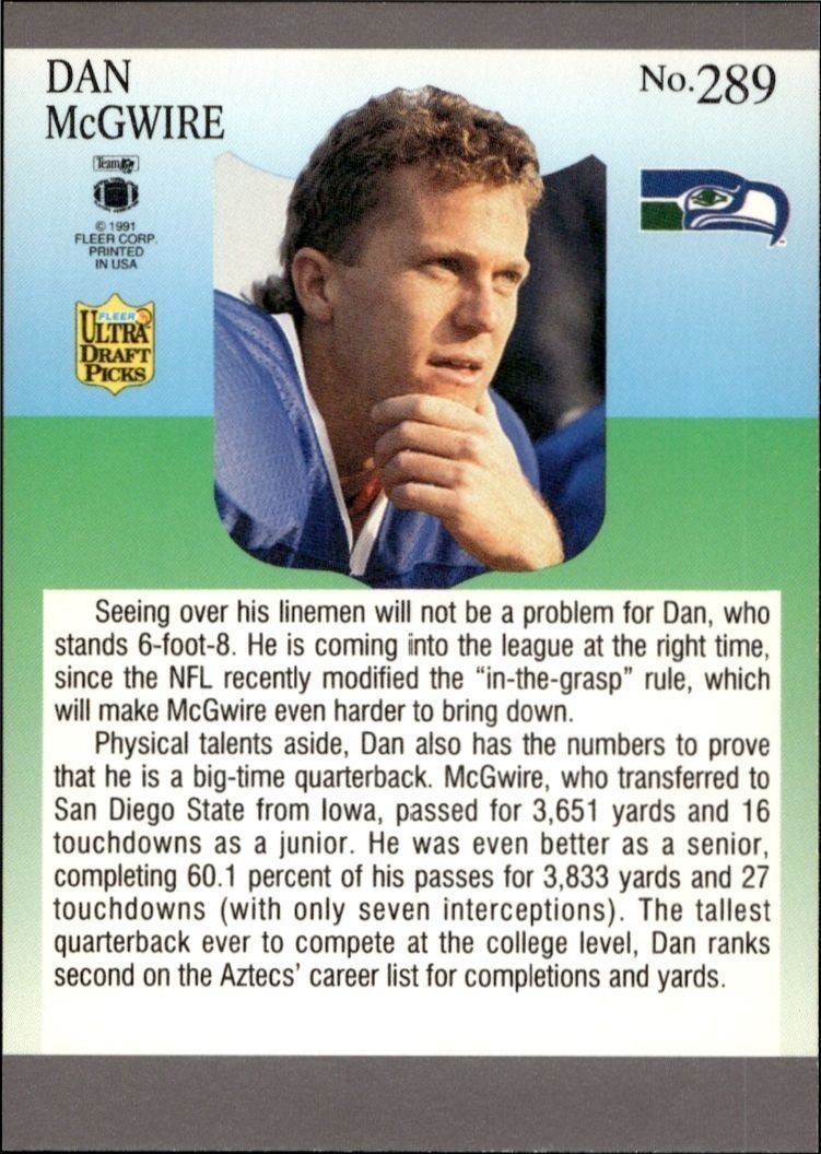 1991 Fleer Ultra Dan McGwire #289 football trading card back