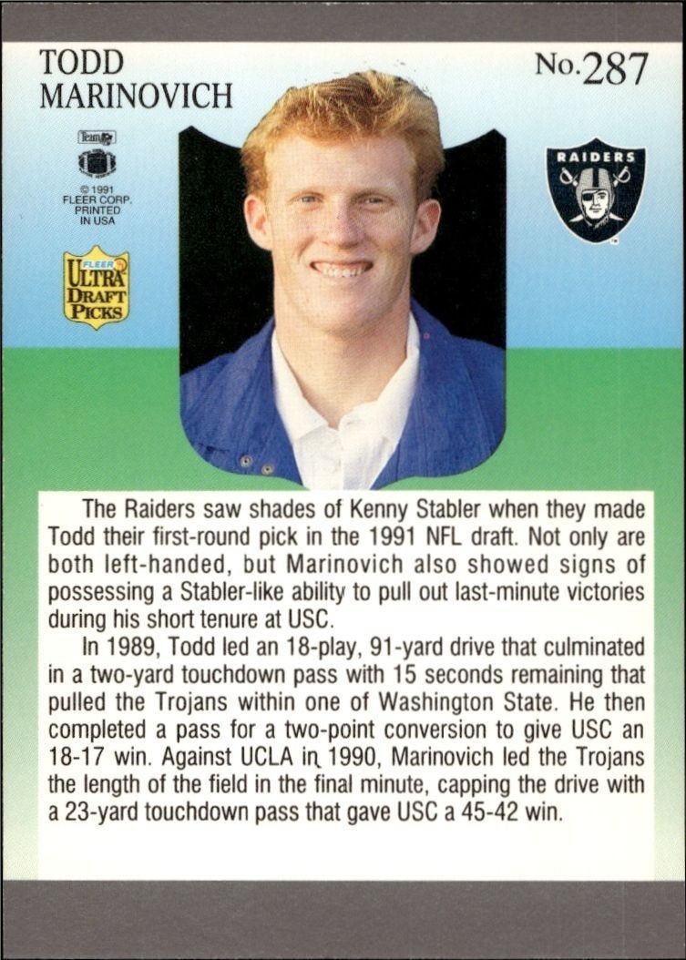 1991 Fleer Ultra Todd Marinovich #287 football trading card back