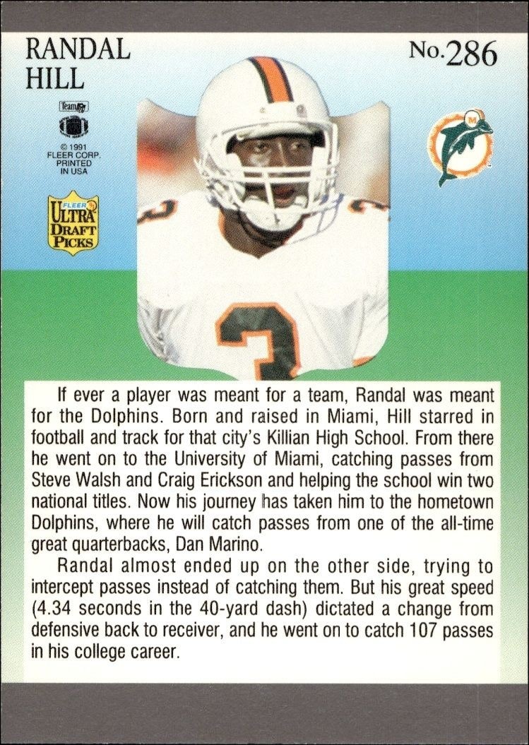 1991 Fleer Ultra Randal Hill #286 football trading card back