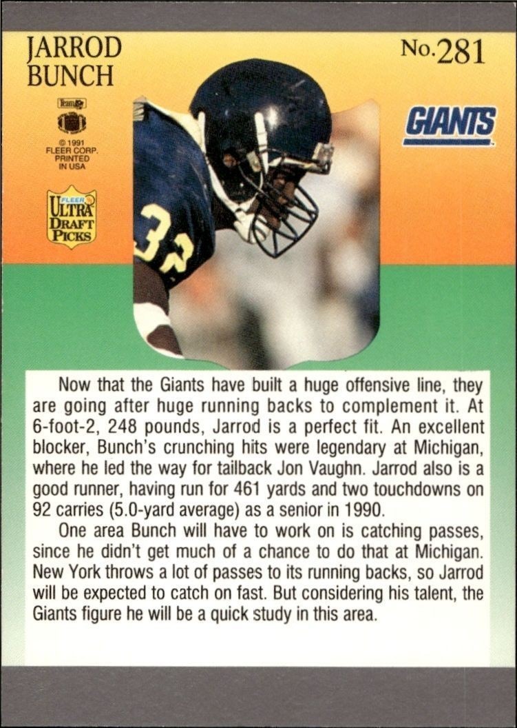 1991 Fleer Ultra Jarrod Bunch #281 football trading card back