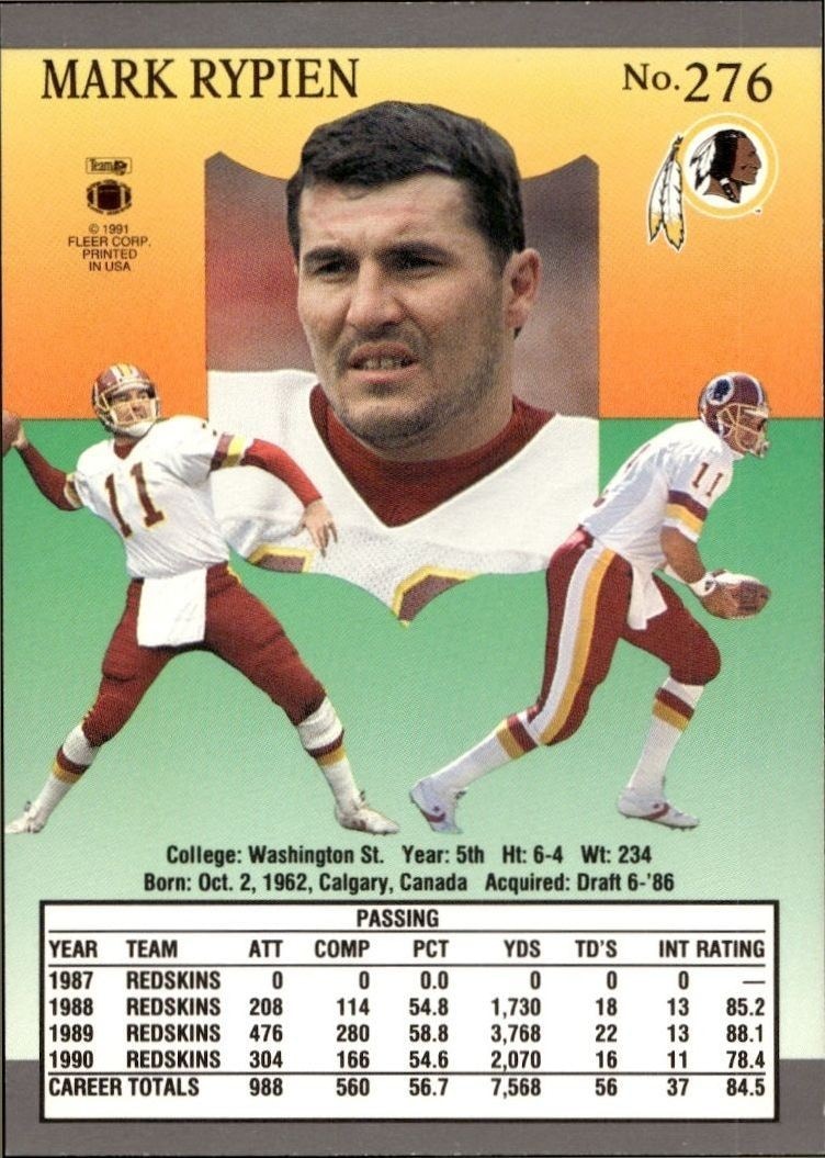 1991 Fleer Ultra Mark Rypien #276 football trading card back