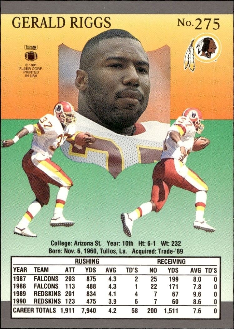 1991 Fleer Ultra Gerald Riggs #275 football trading card back