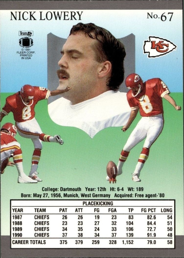1991 Fleer Ultra Nick Lowery #67 football trading card back