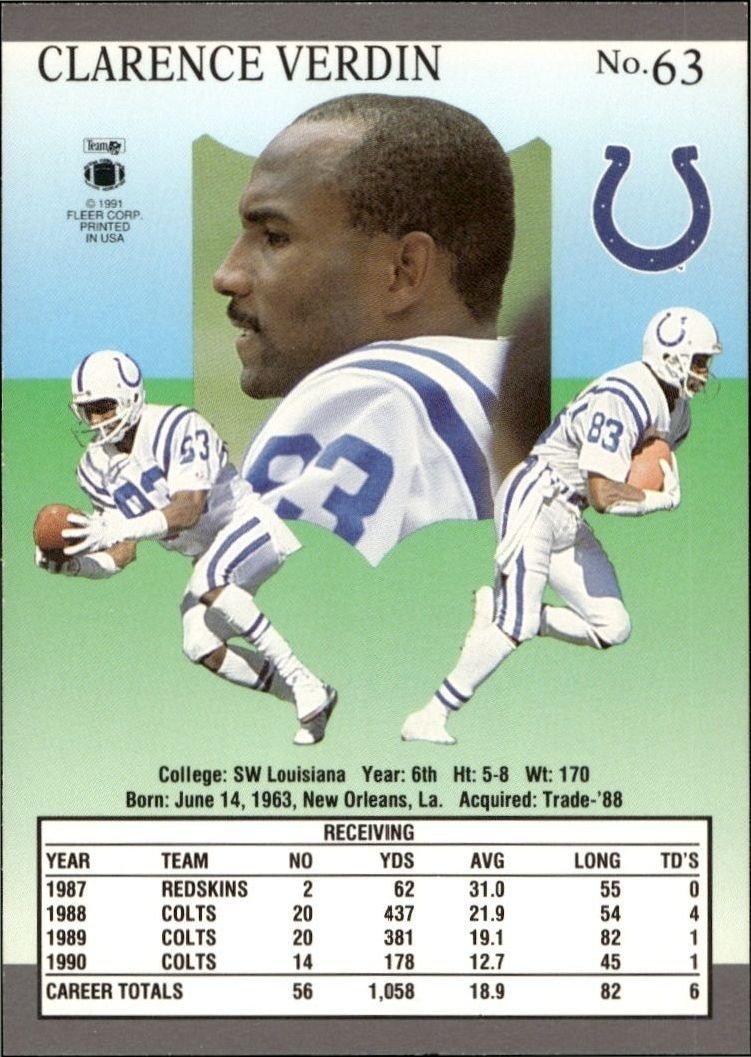 1991 Fleer Ultra Clarence Verdin #63 football trading card back