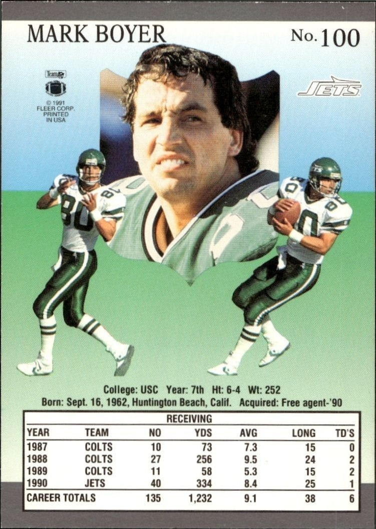 1991 Fleer Ultra Mark Boyer #100 football trading card back