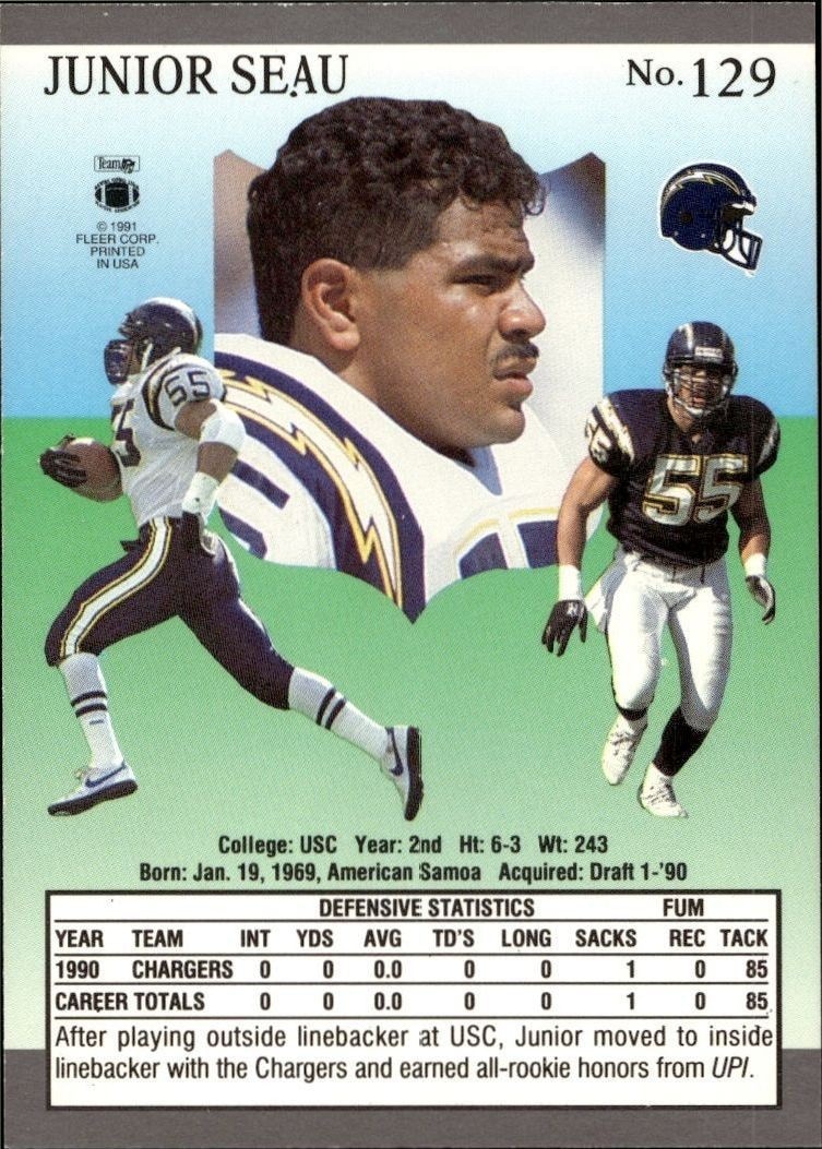 1991 Fleer Ultra Junior Seau #129 football trading card back