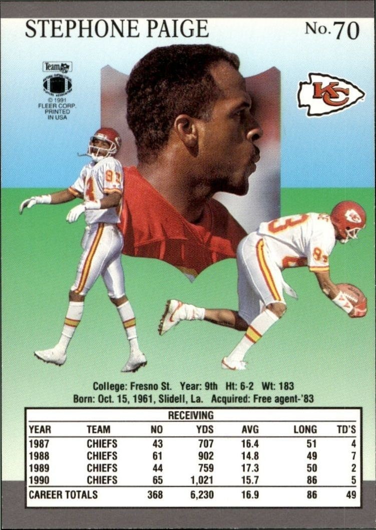 1991 Fleer Ultra Stephone Paige #70 football trading card back