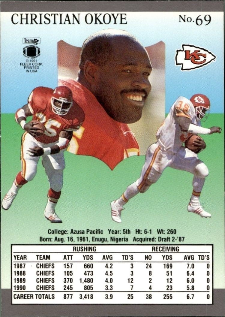 1991 Fleer Ultra Christian Okoye #69 football trading card back