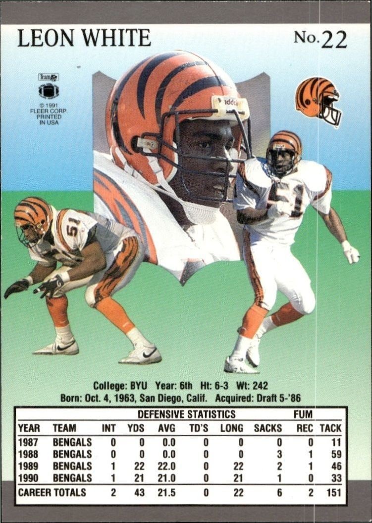 1991 Fleer Ultra Leon White #22 football trading card back