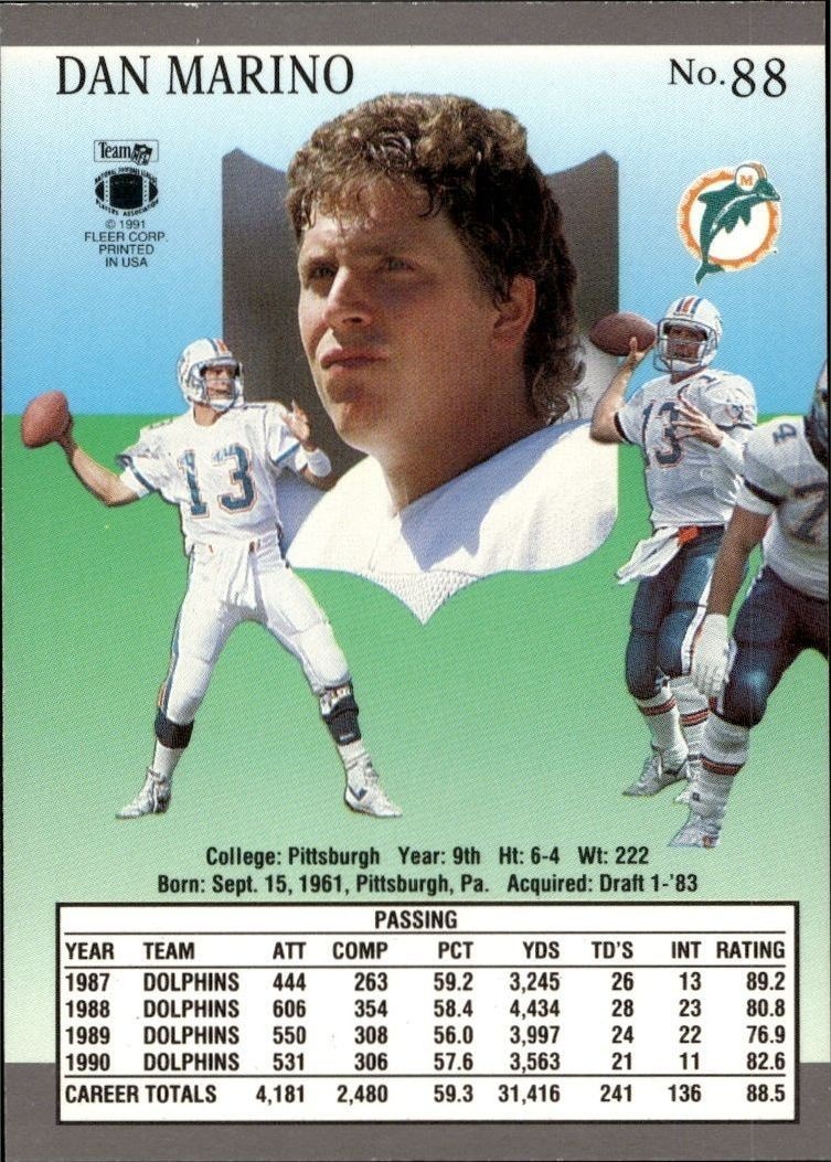 1991 Fleer Ultra Dan Marino #88 football trading card back