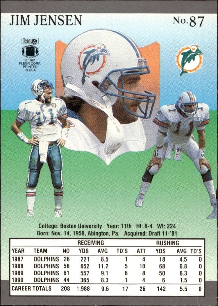 1991 Fleer Ultra Jim Jensen #87 football trading card back