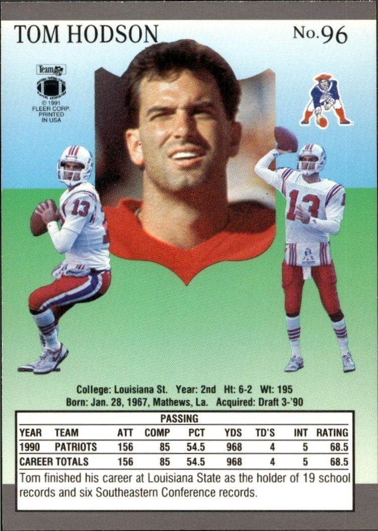 1991 Fleer Ultra Tommy Hodson #96 football trading card back