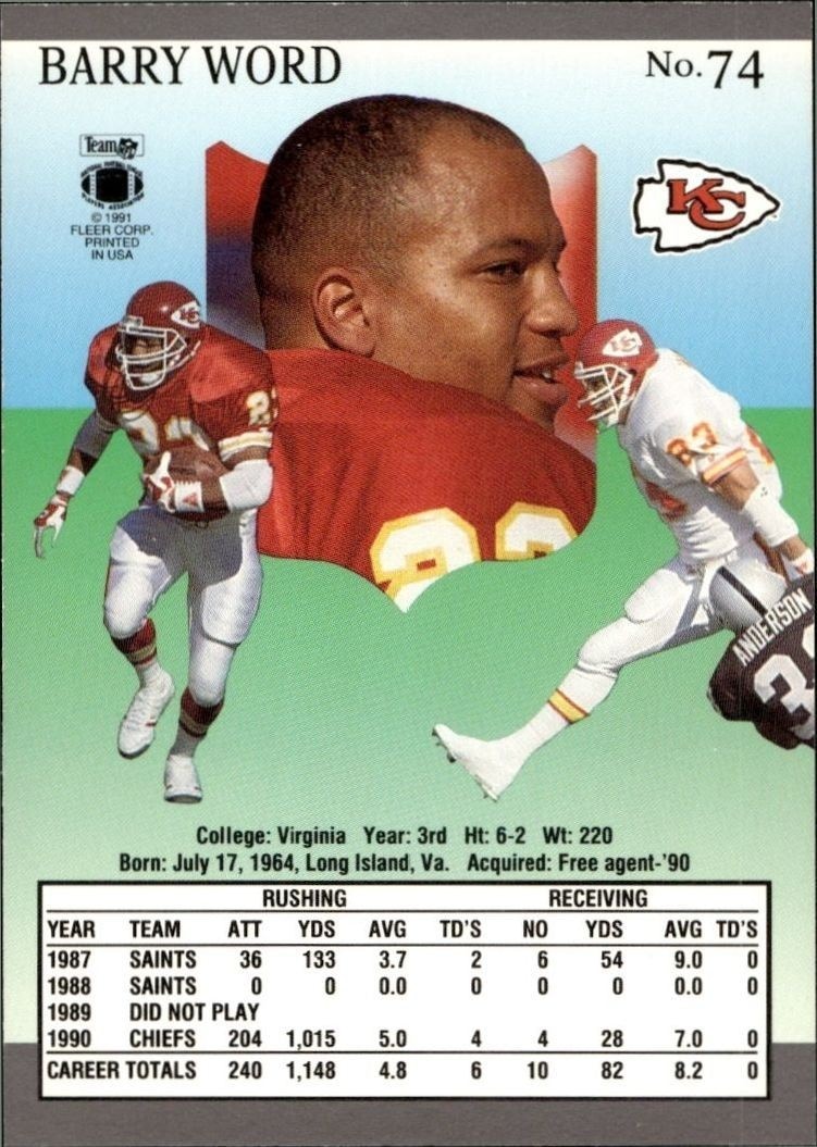 1991 Fleer Ultra Barry Word #74 football trading card back
