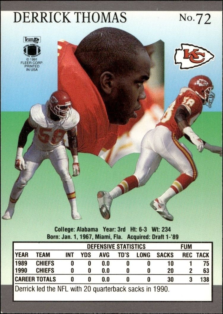 1991 Fleer Ultra Derrick Thomas #72 football trading card back