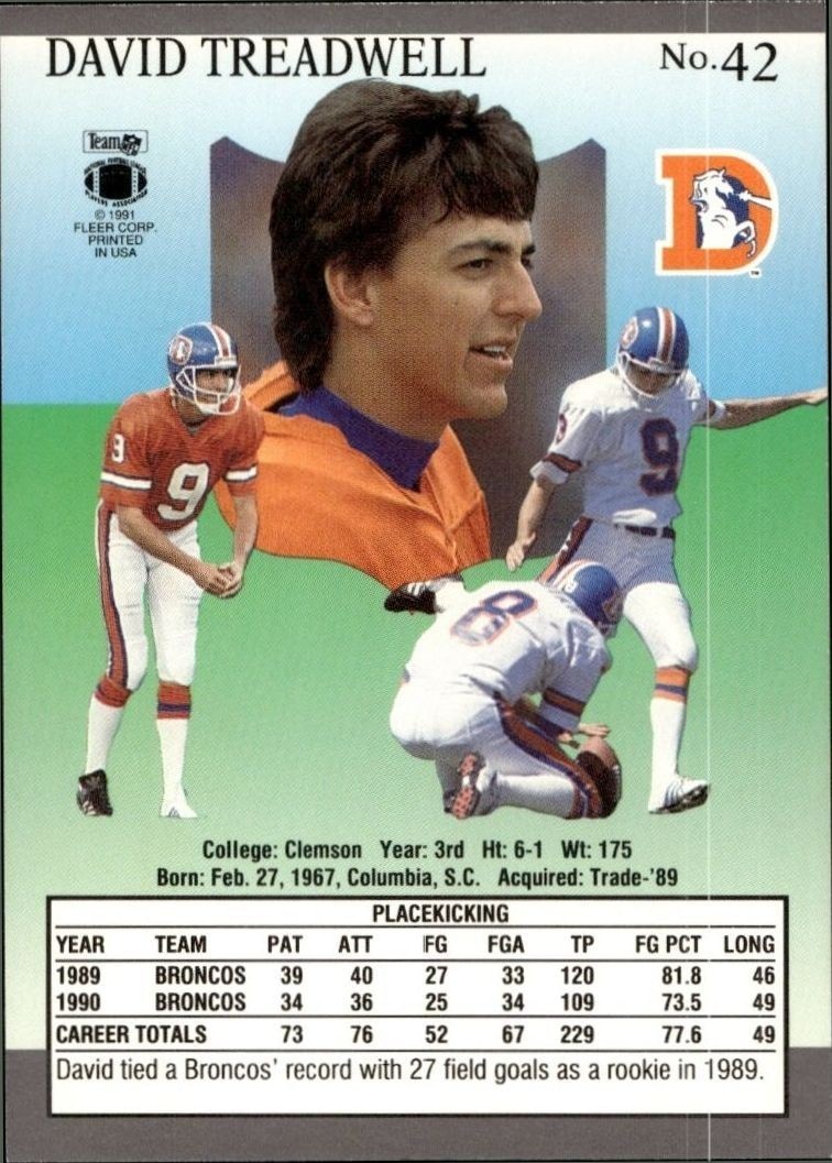 1991 Fleer Ultra David Treadwell #42 football trading card back