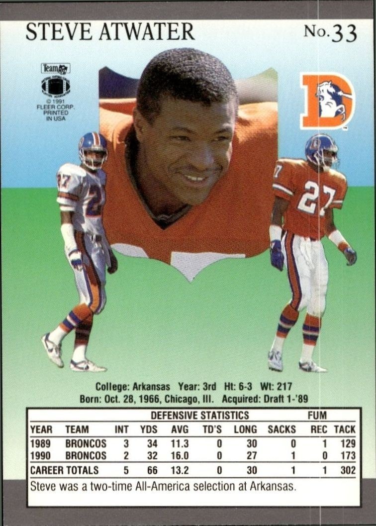 1991 Fleer Ultra Steve Atwater #33 football trading card back