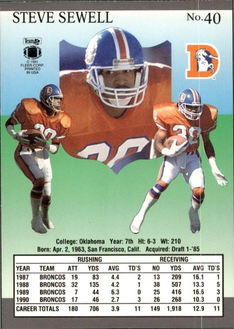 1991 Fleer Ultra Steve Sewell #40 football trading card back