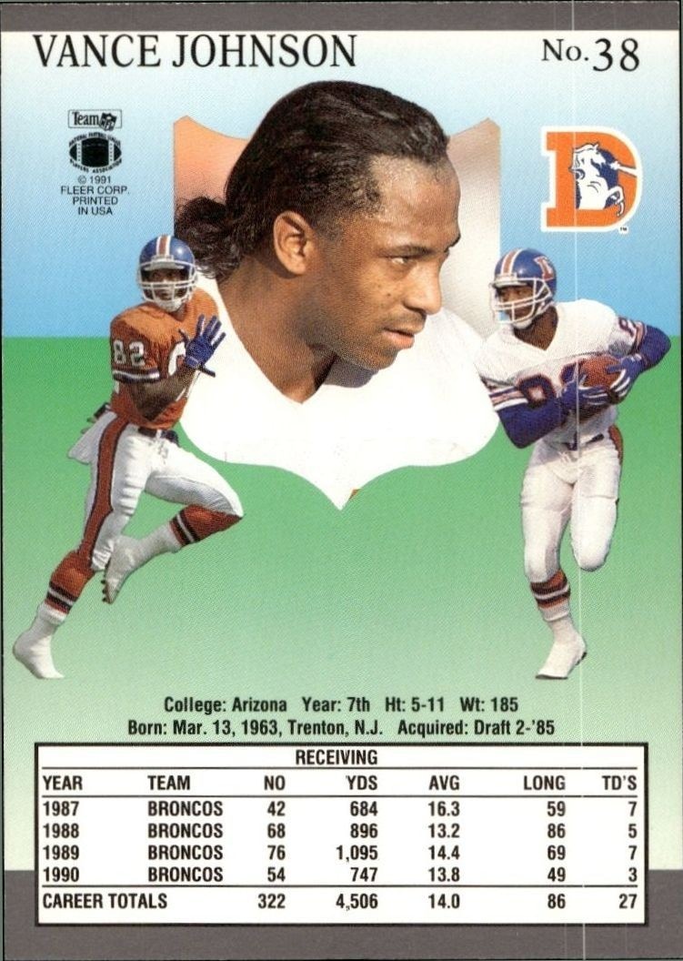 1991 Fleer Ultra Vance Johnson #38 football trading card back