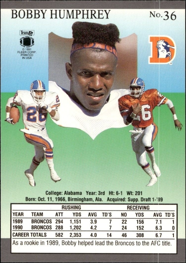 1991 Fleer Ultra Bobby Humphrey #36 football trading card back