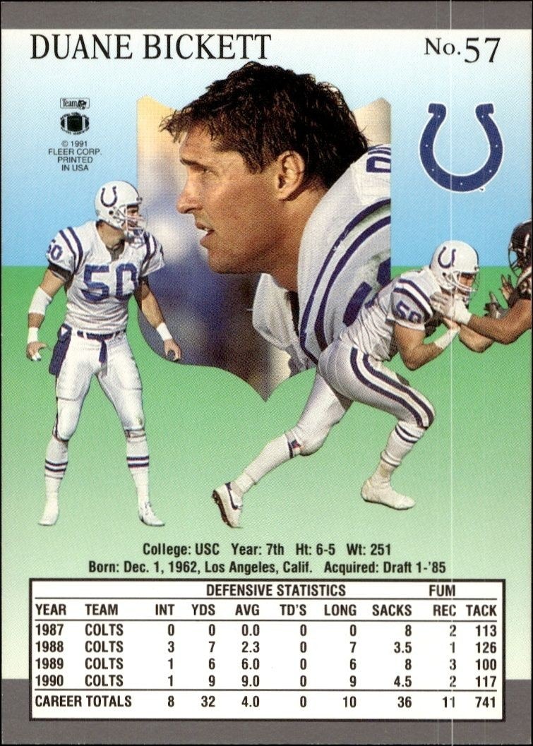 1991 Fleer Ultra Duane Bickett #57 football trading card back