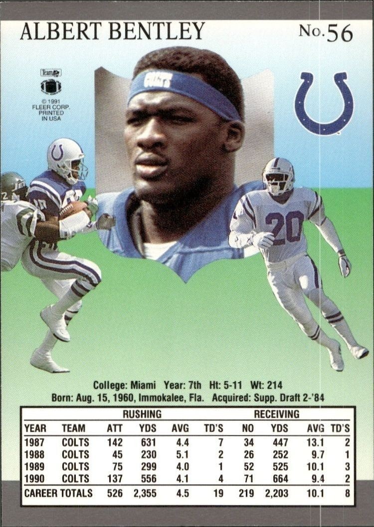 1991 Fleer Ultra Albert Bentley #56 football trading card back