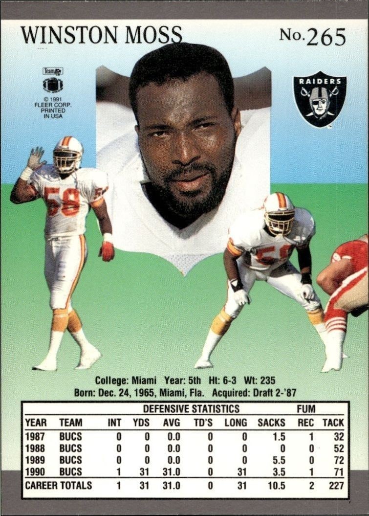 1991 Fleer Ultra Winston Moss #265 football trading card back