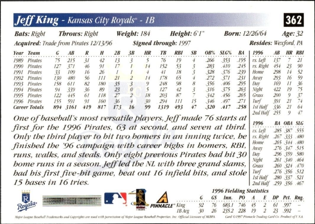 1997 Score Jeff King #362 baseball trading card back