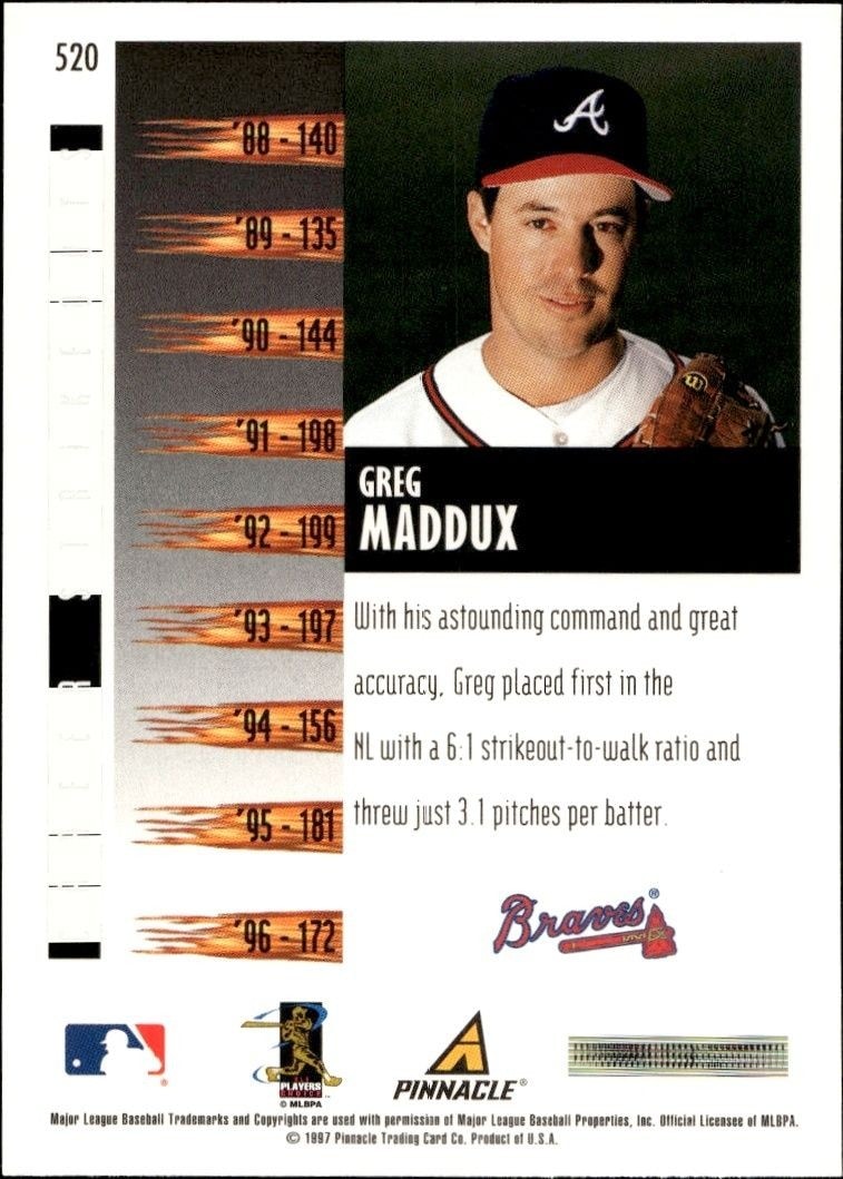 1997 Score Greg Maddux #520 baseball trading card back