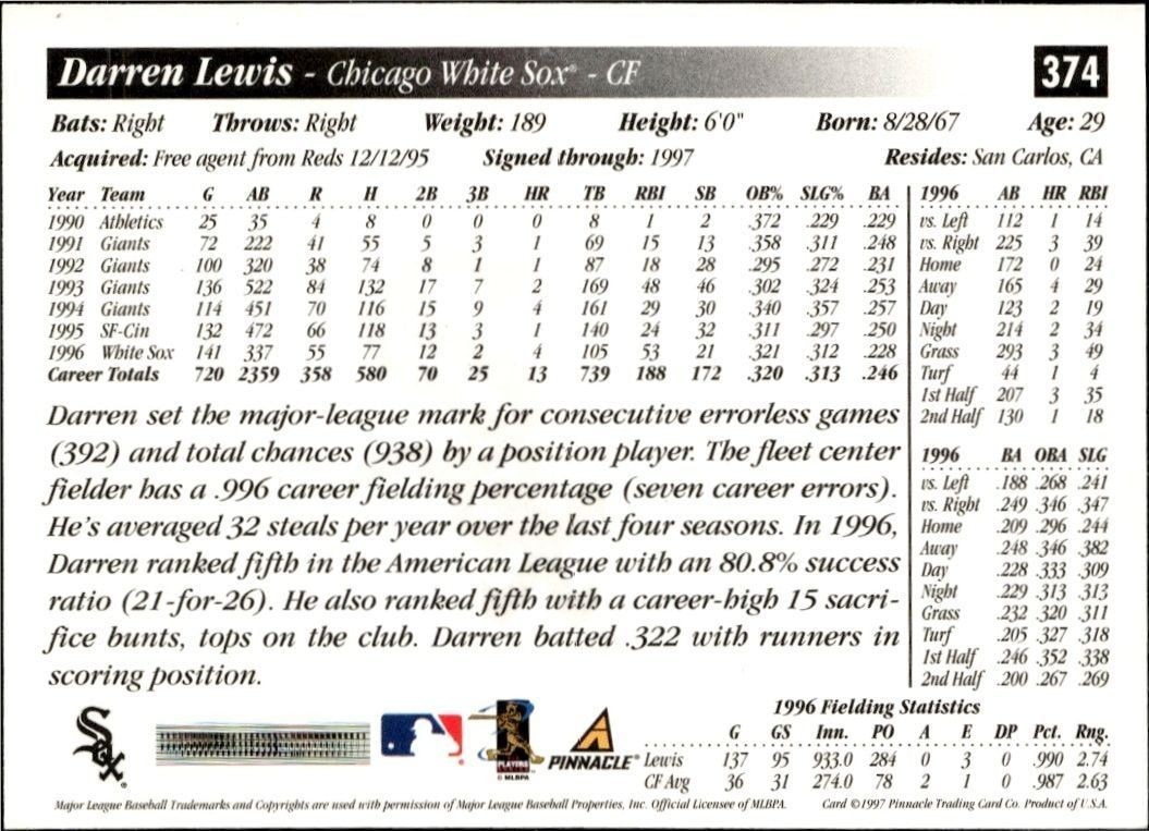 1997 Score Darren Lewis #374 baseball trading card back