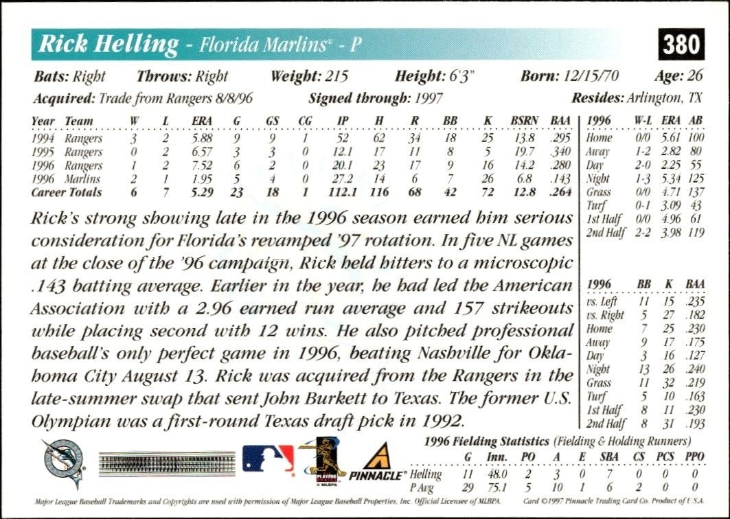 1997 Score Rick Helling #380 baseball trading card back
