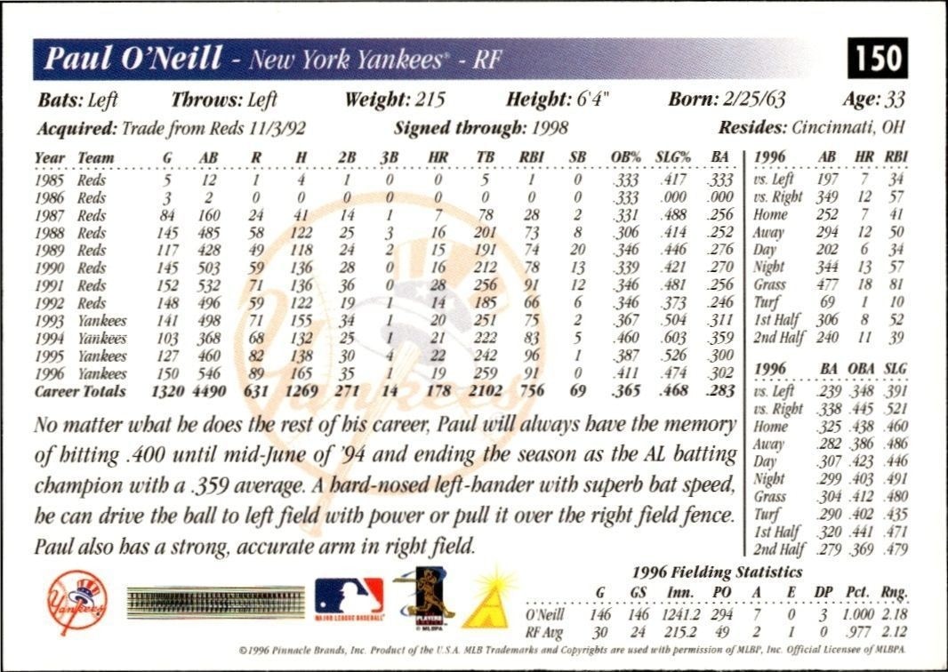 1997 Score Paul O'Neill #150 baseball trading card back