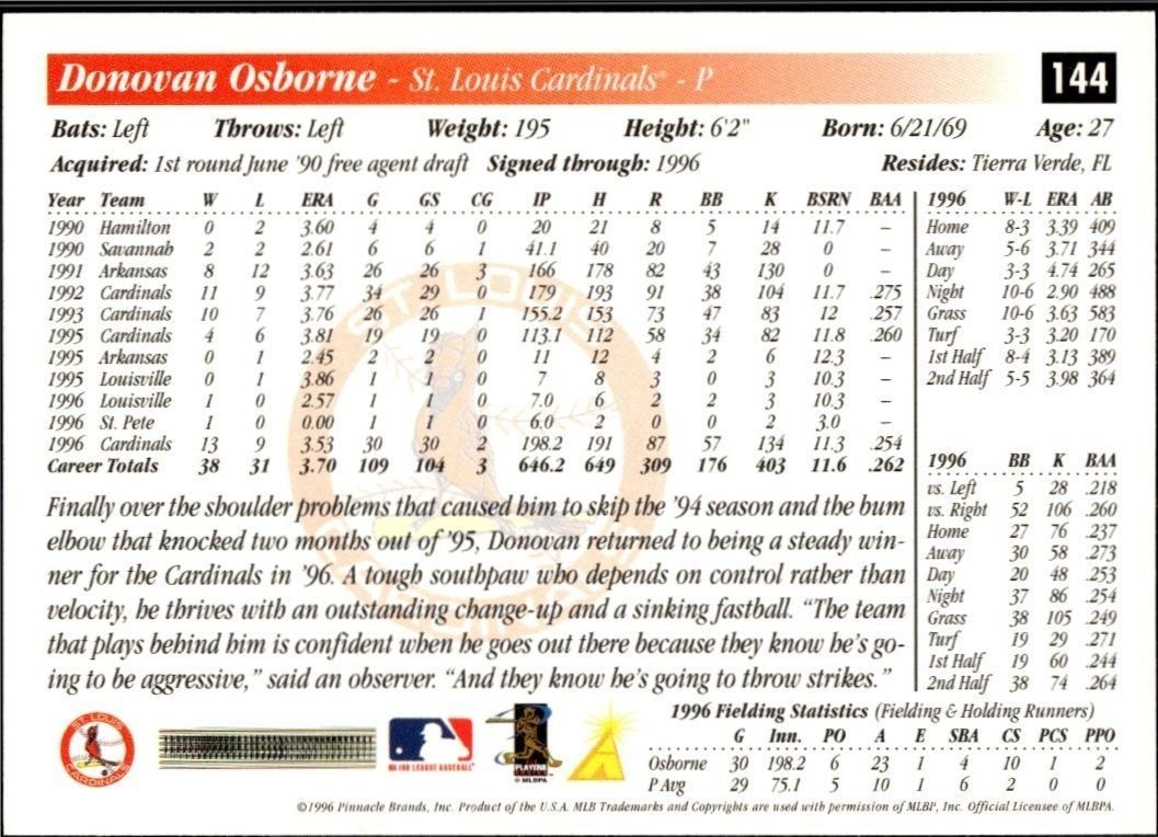 1997 Score Donovan Osborne #144 baseball trading card back