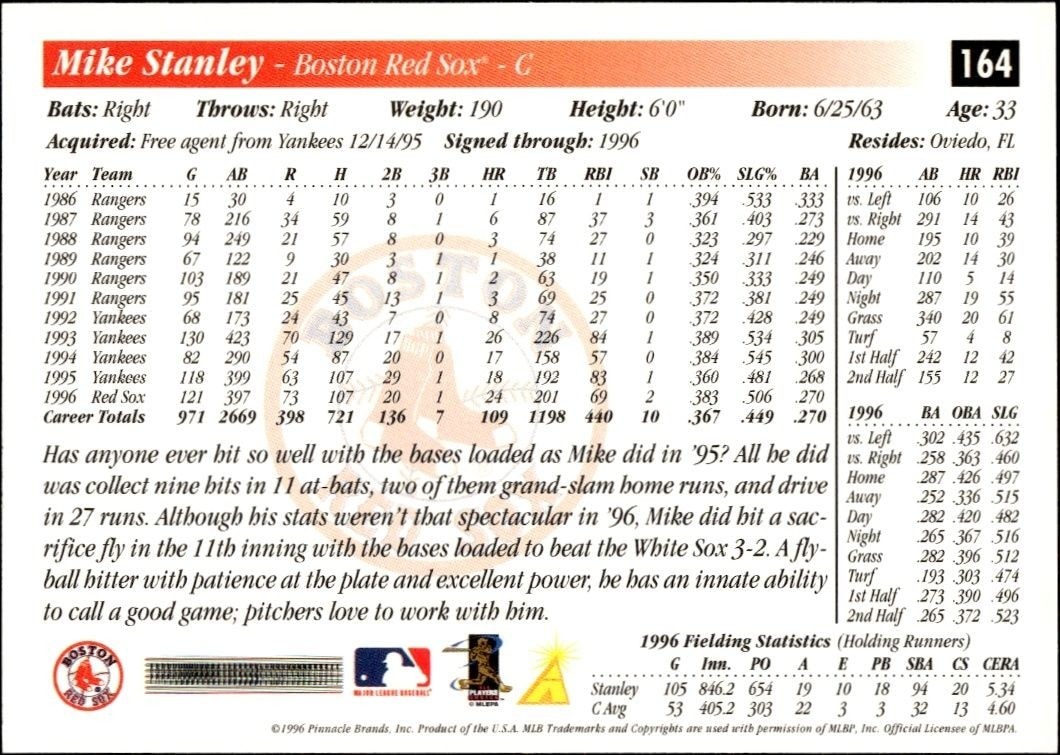 1997 Score Mike Stanley #164 baseball trading card back