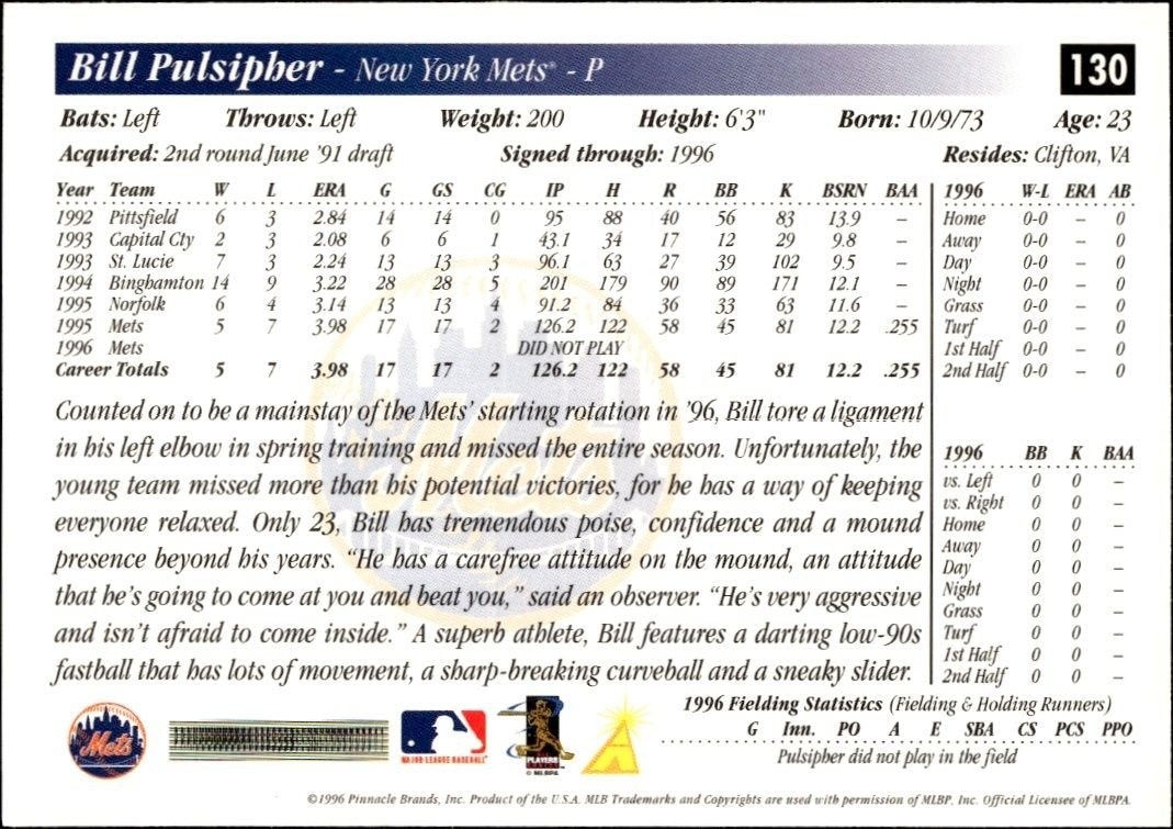 1997 Score Bill Pulsipher #130 baseball trading card back
