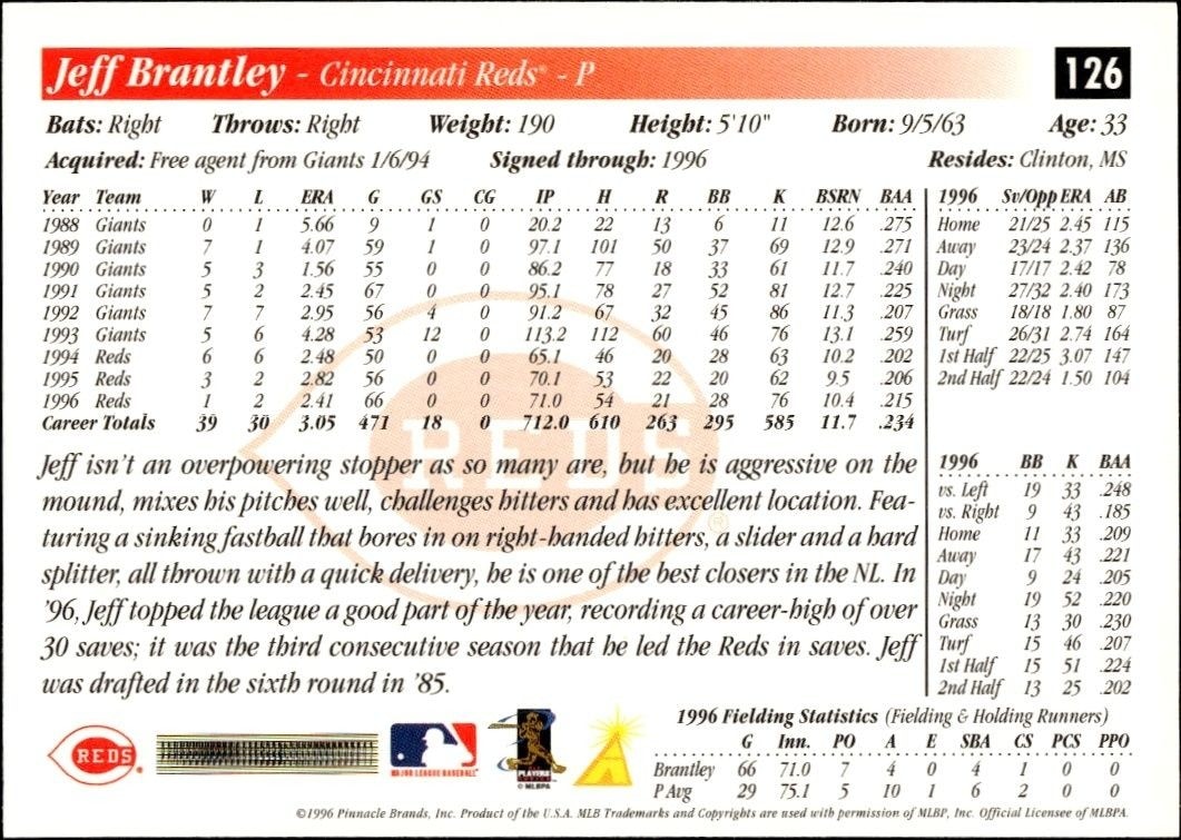 1997 Score Jeff Brantley #126 baseball trading card back