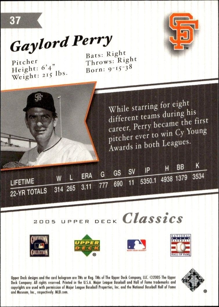 2005 Upper Deck Classics Gaylord Perry #37 baseball trading card back