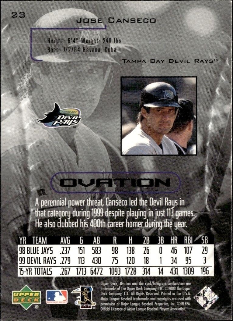 2000 Upper Deck Ovation Jose Canseco #23 baseball trading card back