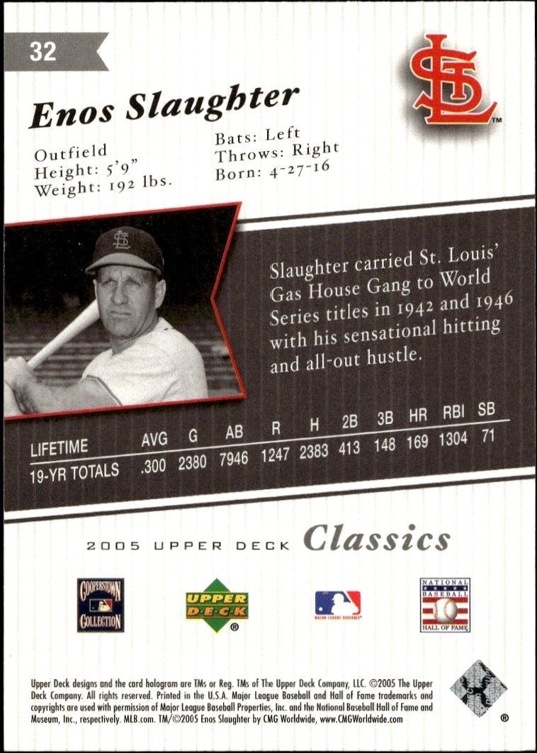 2005 Upper Deck Classics Enos Slaughter #32 baseball trading card back