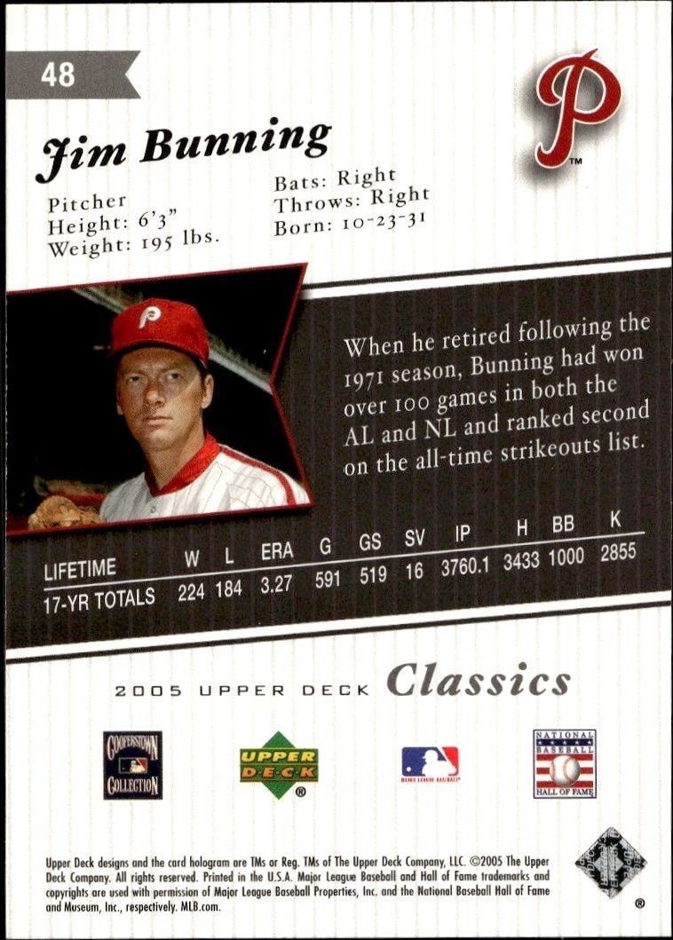 2005 Upper Deck Classics Jim Bunning #48 baseball trading card back