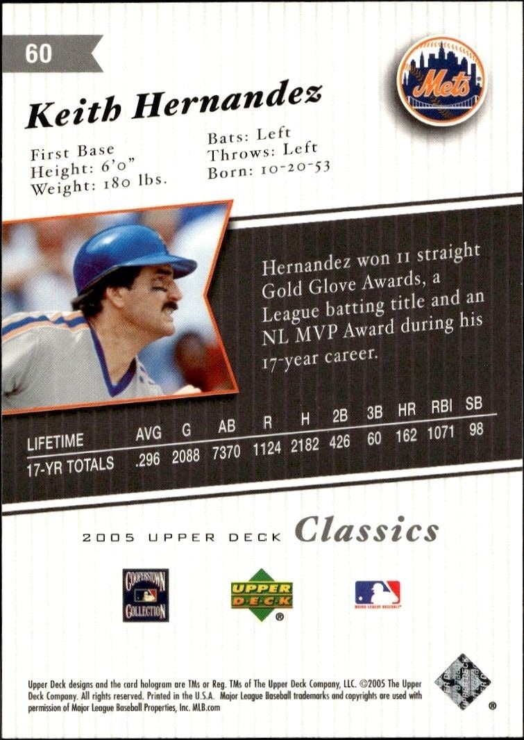2005 Upper Deck Classics Keith Hernandez #60 baseball trading card back