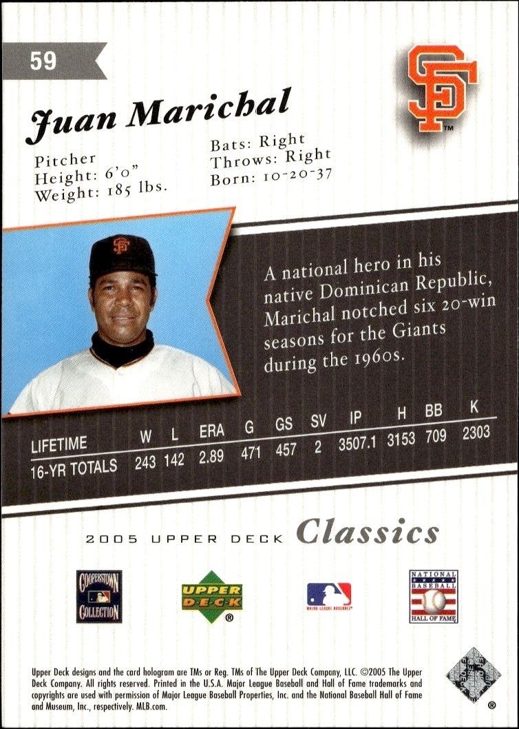 2005 Upper Deck Classics Juan Marichal #59 baseball trading card back