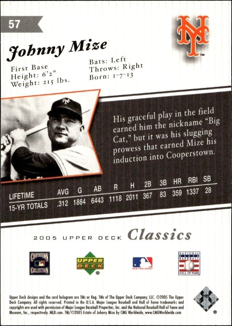 2005 Upper Deck Classics Johnny Mize #57 baseball trading card back