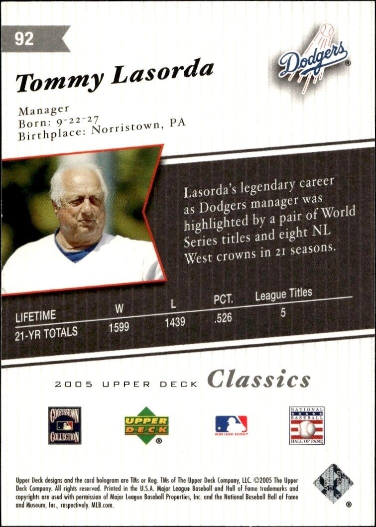 2005 Upper Deck Classics Tommy Lasorda #92 baseball trading card back