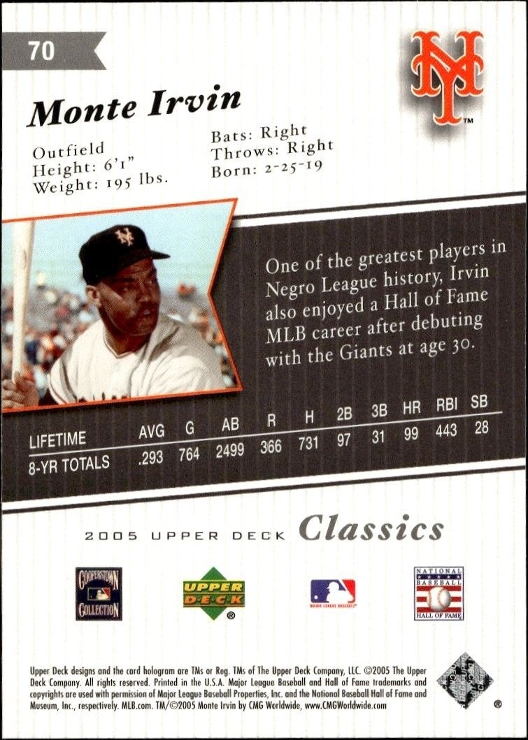 2005 Upper Deck Classics Monte Irvin #70 baseball trading card back